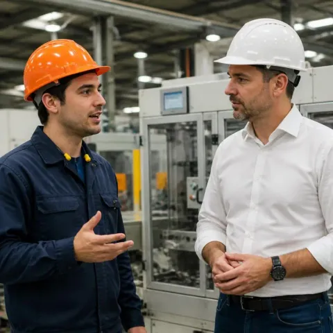 Técnico con overol y jefe con camisa en planta industrial